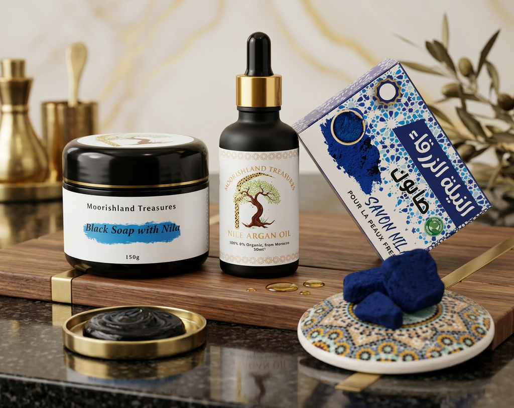 The Royal Moroccan Nila Brightening Set – Argan Oil, Nila Black Soap & Nila Soap Bar (+ FREE Aker Fassi Clay Pot)