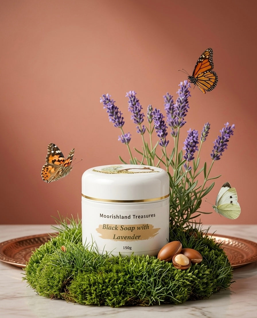 The Imperial Moroccan Radiance Trio – Lavender Beldi Soap, Pure Argan Oil (50ml) & Aker Fassi Clay Pot (+Nila Soap Bar as Gift)