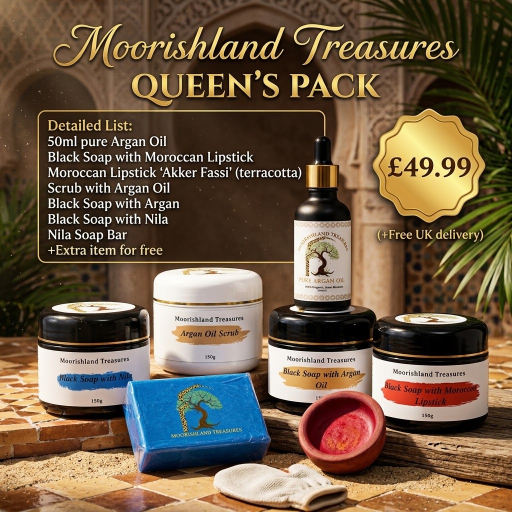 Queen's Pack Moroccan hammam gift box with beldi black soaps, argan oil, scrub and kessa glove